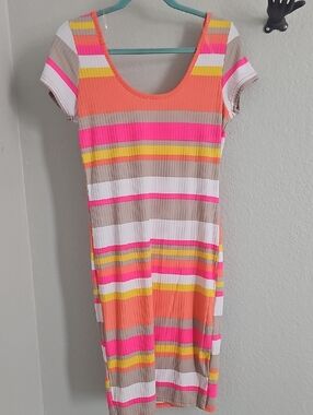 Striped Ribbed Midi Dress in Coral, Pink & Neutral